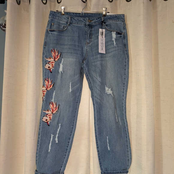 For The Republic Denim - For The Republic Distressed Blue Jeans with Red Embroidery